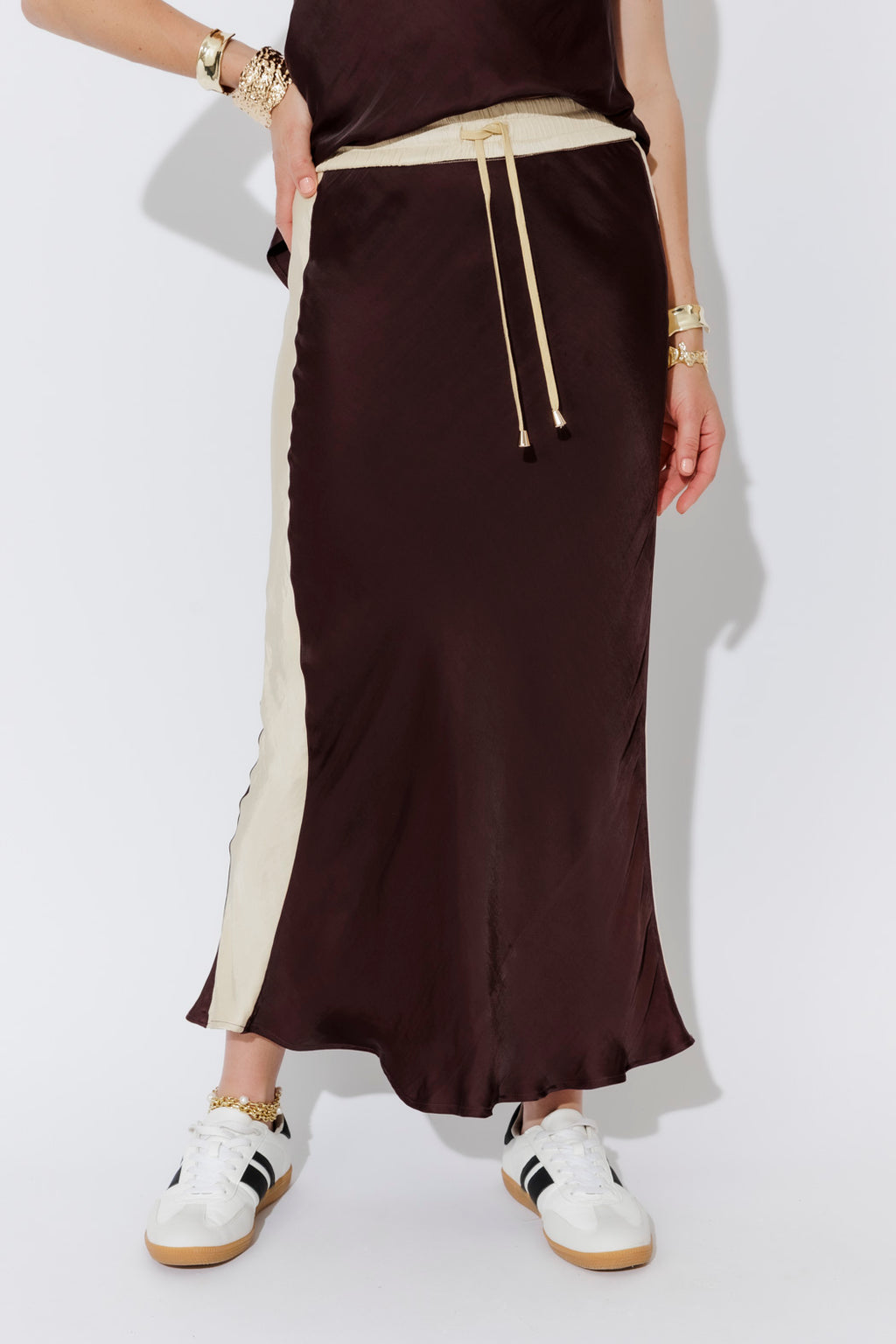 Chocolate Glow Bias Panel Skirt