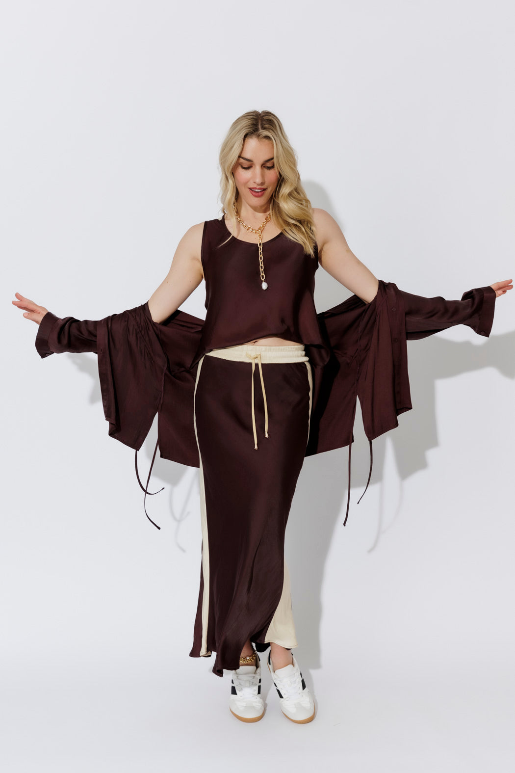 Chocolate Glow Bias Panel Skirt