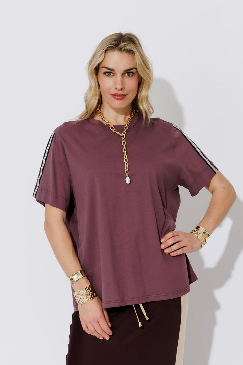 Plum Oversized Stripe Sleeve T-Shirt