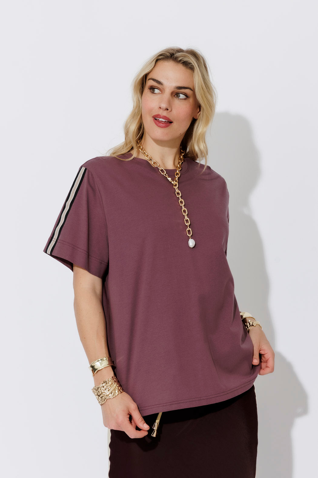 Plum Oversized Stripe Sleeve T-Shirt