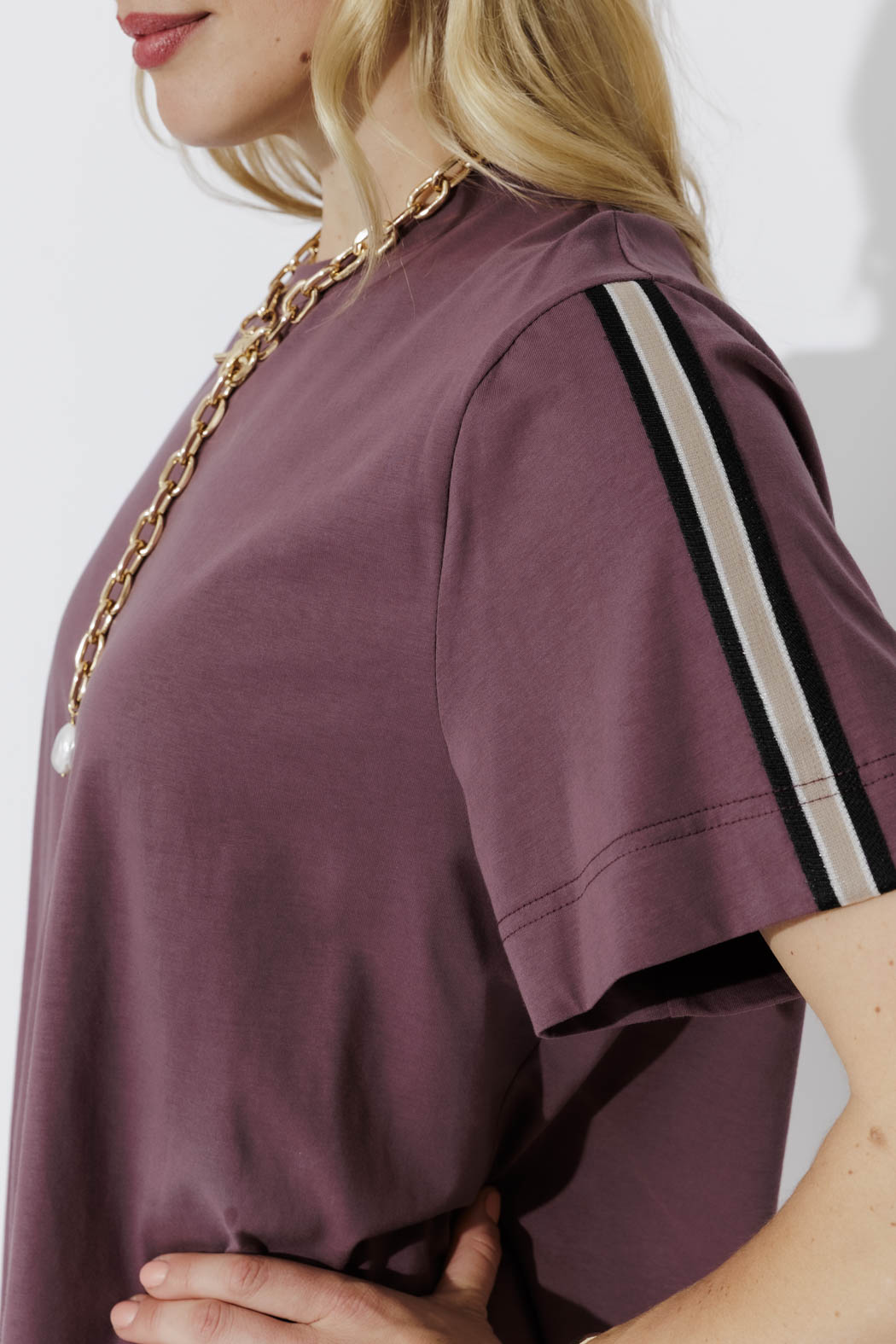 Plum Oversized Stripe Sleeve T-Shirt