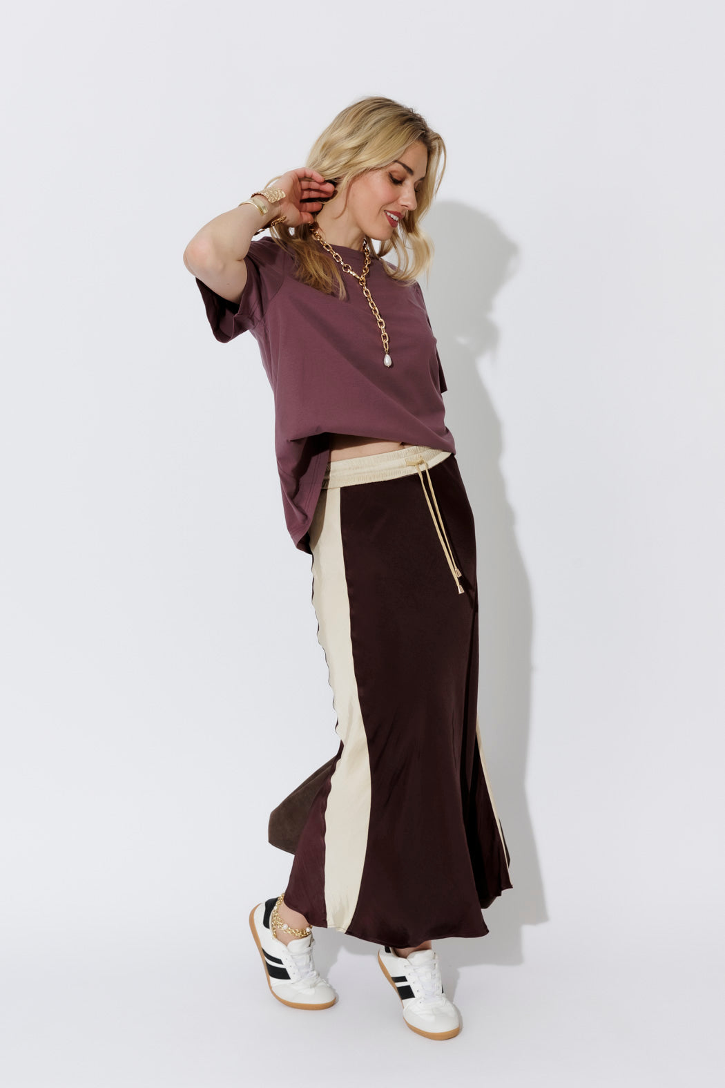 Plum Oversized Stripe Sleeve T-Shirt