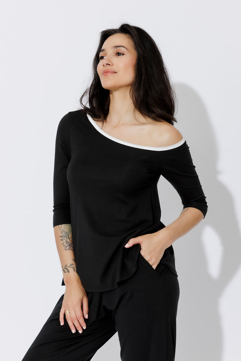 Black Contrast Tencel Off Shoulder Top