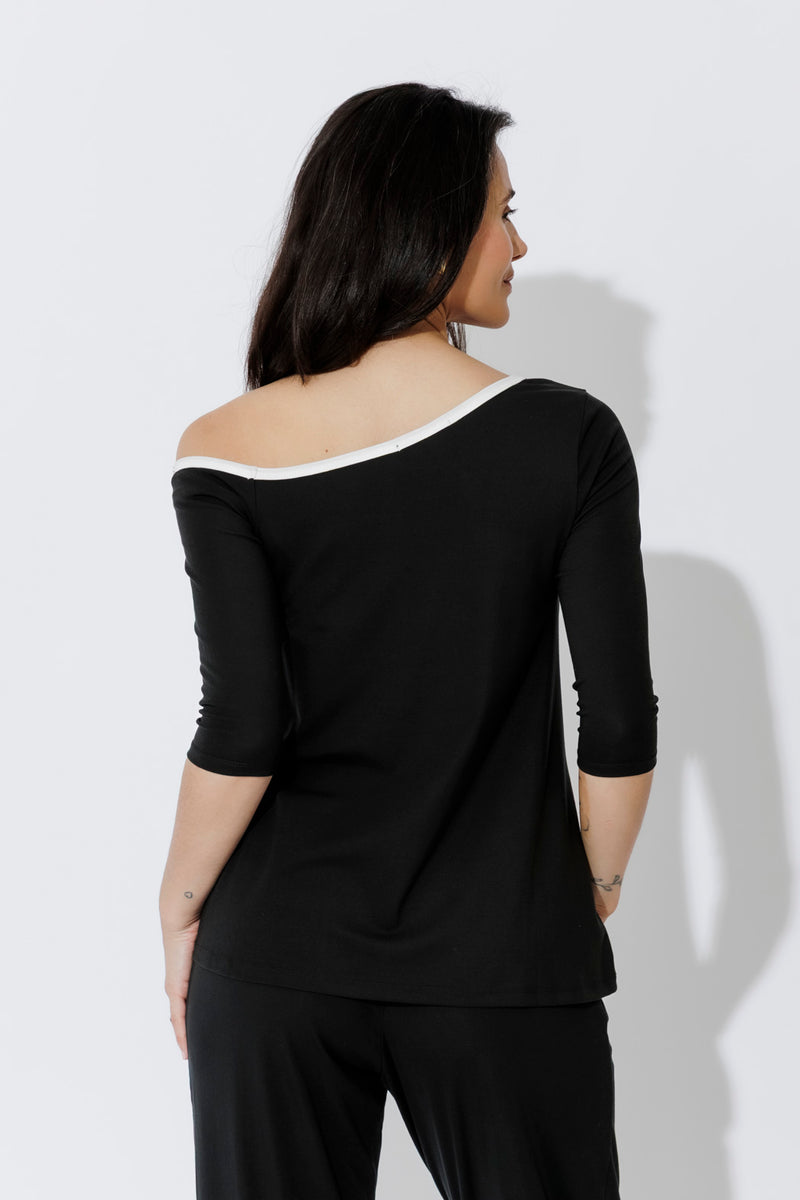 Black Contrast Tencel Off Shoulder Top