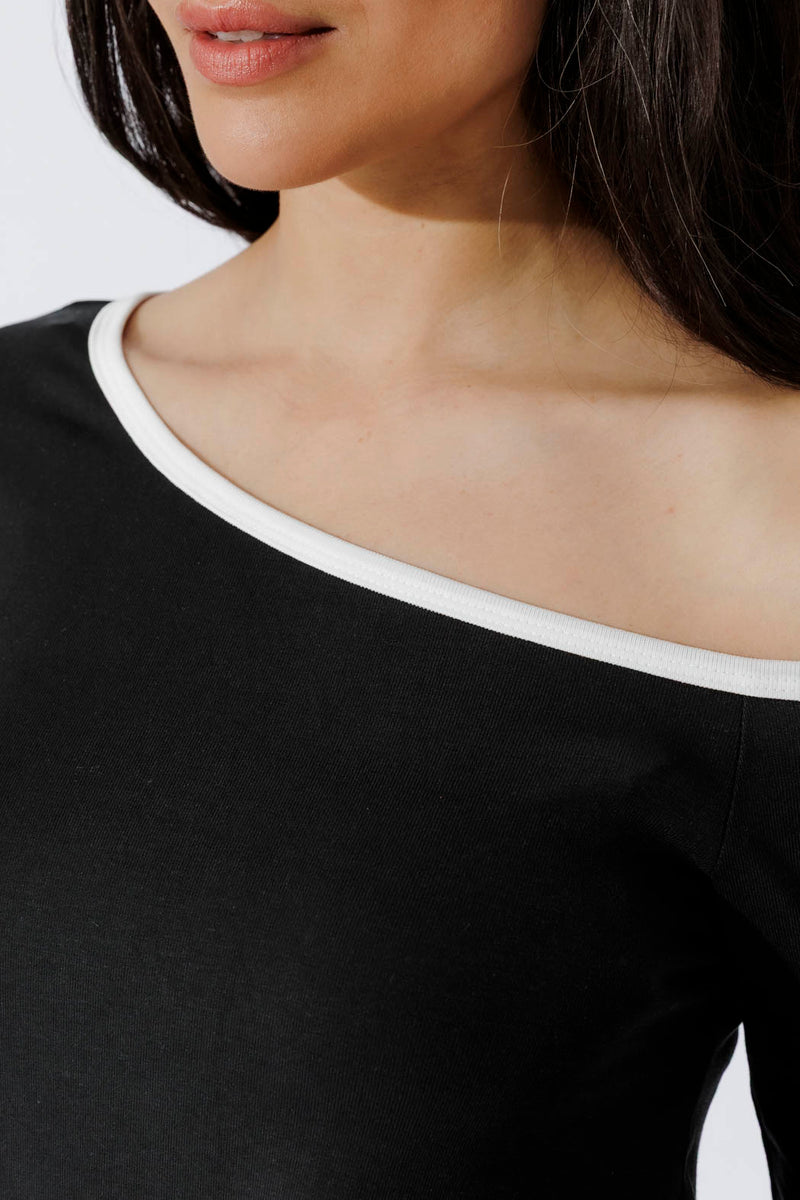 Black Contrast Tencel Off Shoulder Top