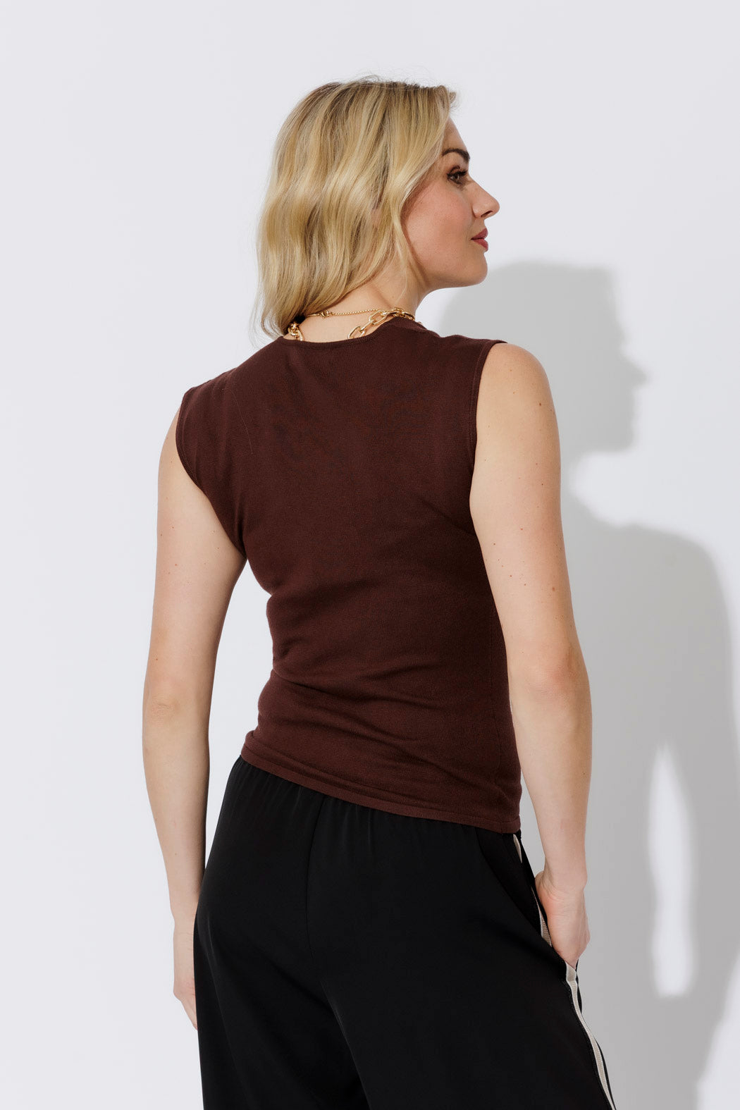 Chocolate Sleeveless Drape Knit Top