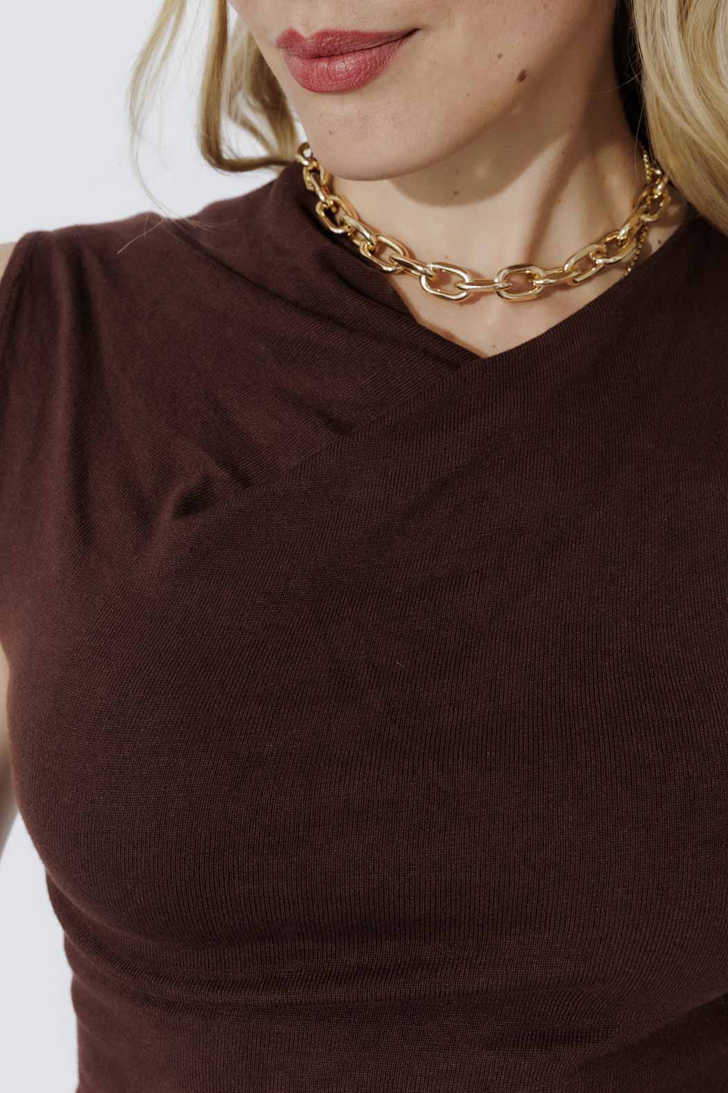 Chocolate Sleeveless Drape Knit Top
