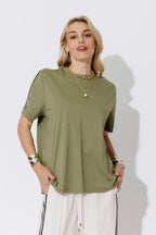 Khaki Oversized Stripe Sleeve T-Shirt