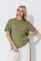 Khaki Oversized Stripe Sleeve T-Shirt