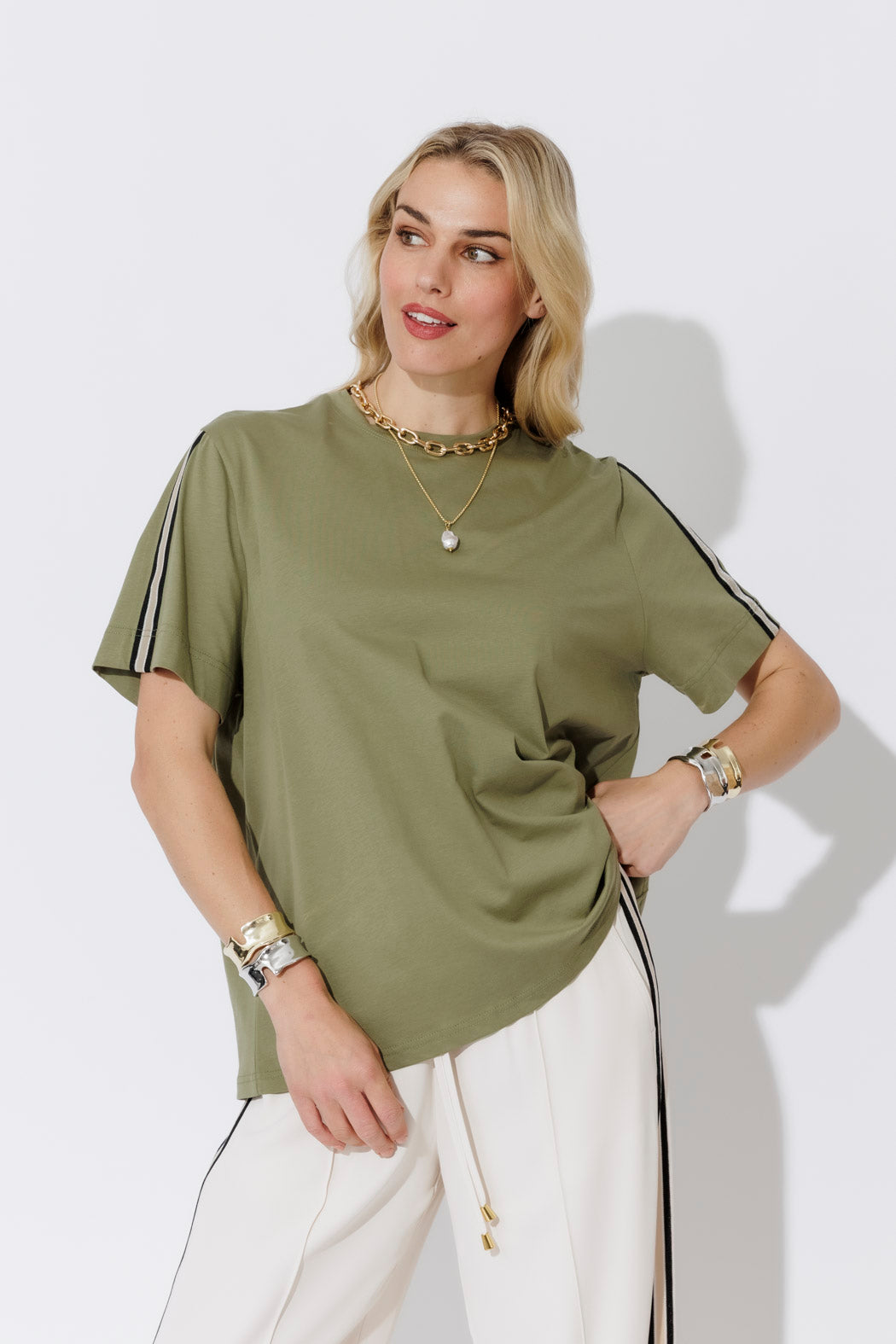 Khaki Oversized Stripe Sleeve T-Shirt