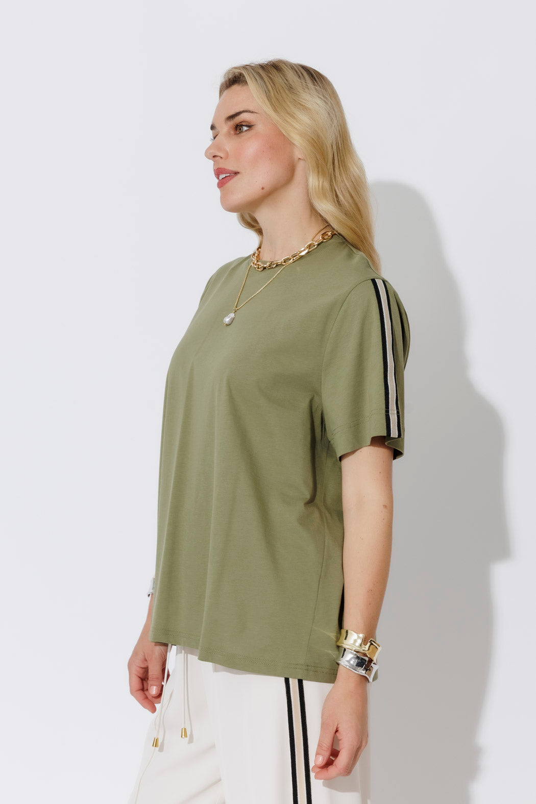 Khaki Oversized Stripe Sleeve T-Shirt