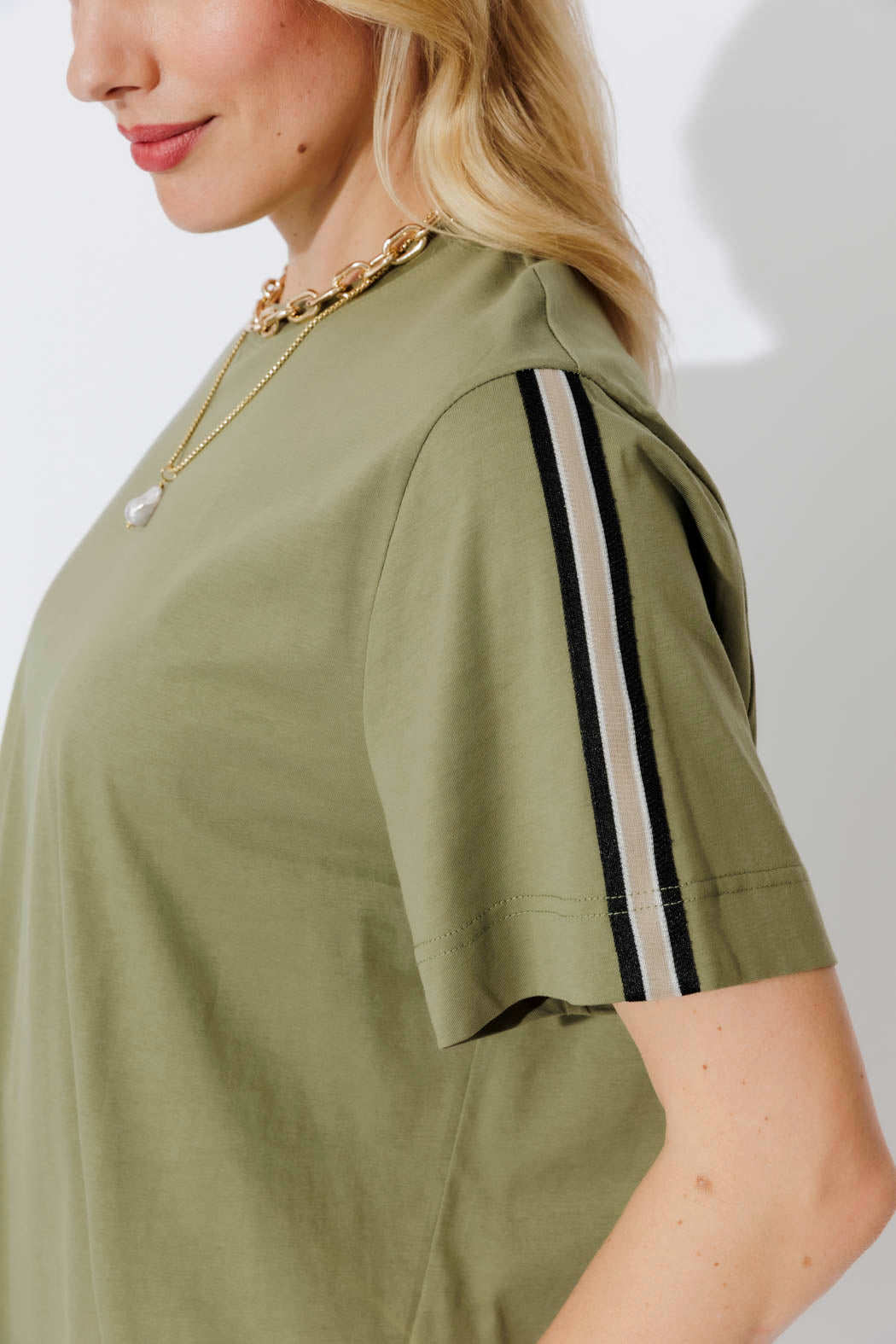Khaki Oversized Stripe Sleeve T-Shirt