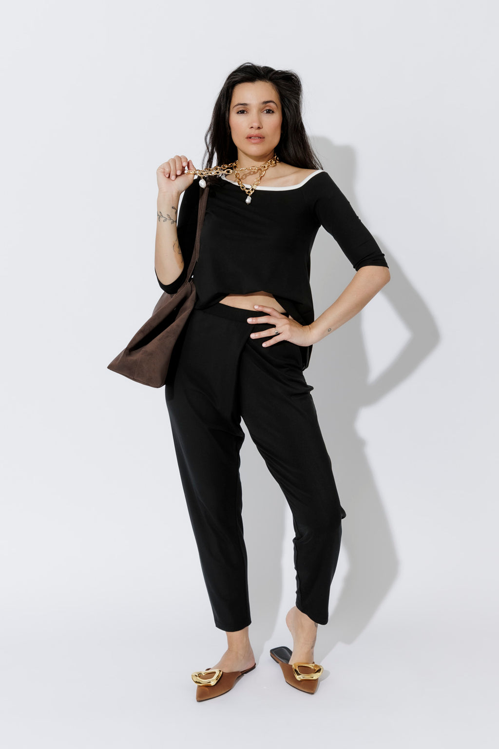 Black Tencel Fold Front Pant