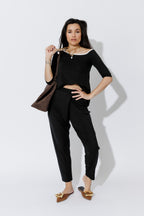 Black Tencel Fold Front Pant