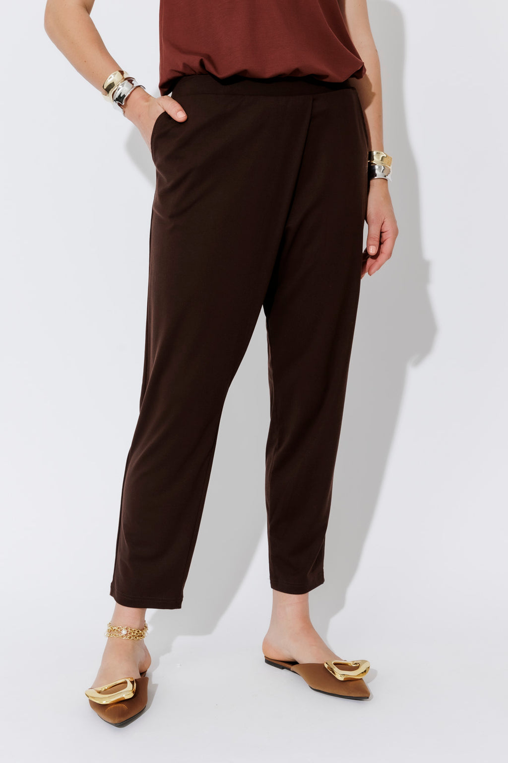 Chocolate Tencel Fold Front Pant
