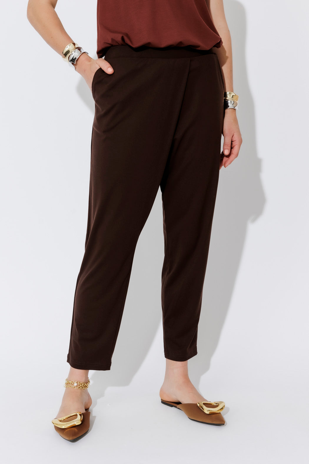 Chocolate Tencel Fold Front Pant