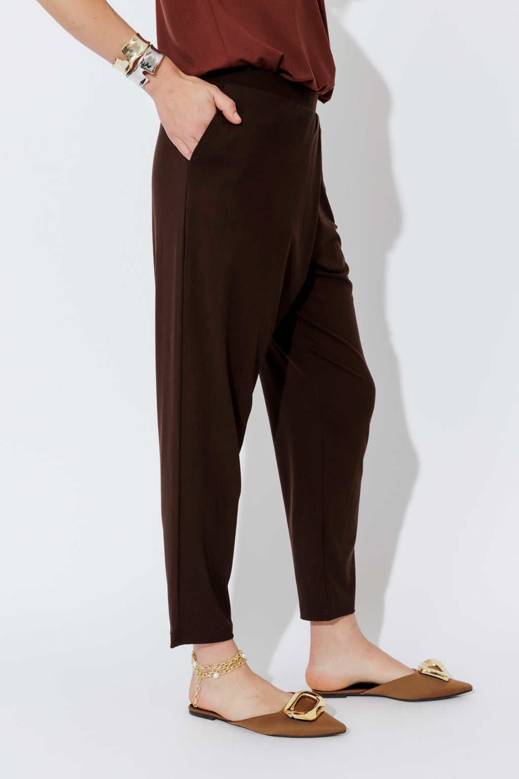 Chocolate Tencel Fold Front Pant