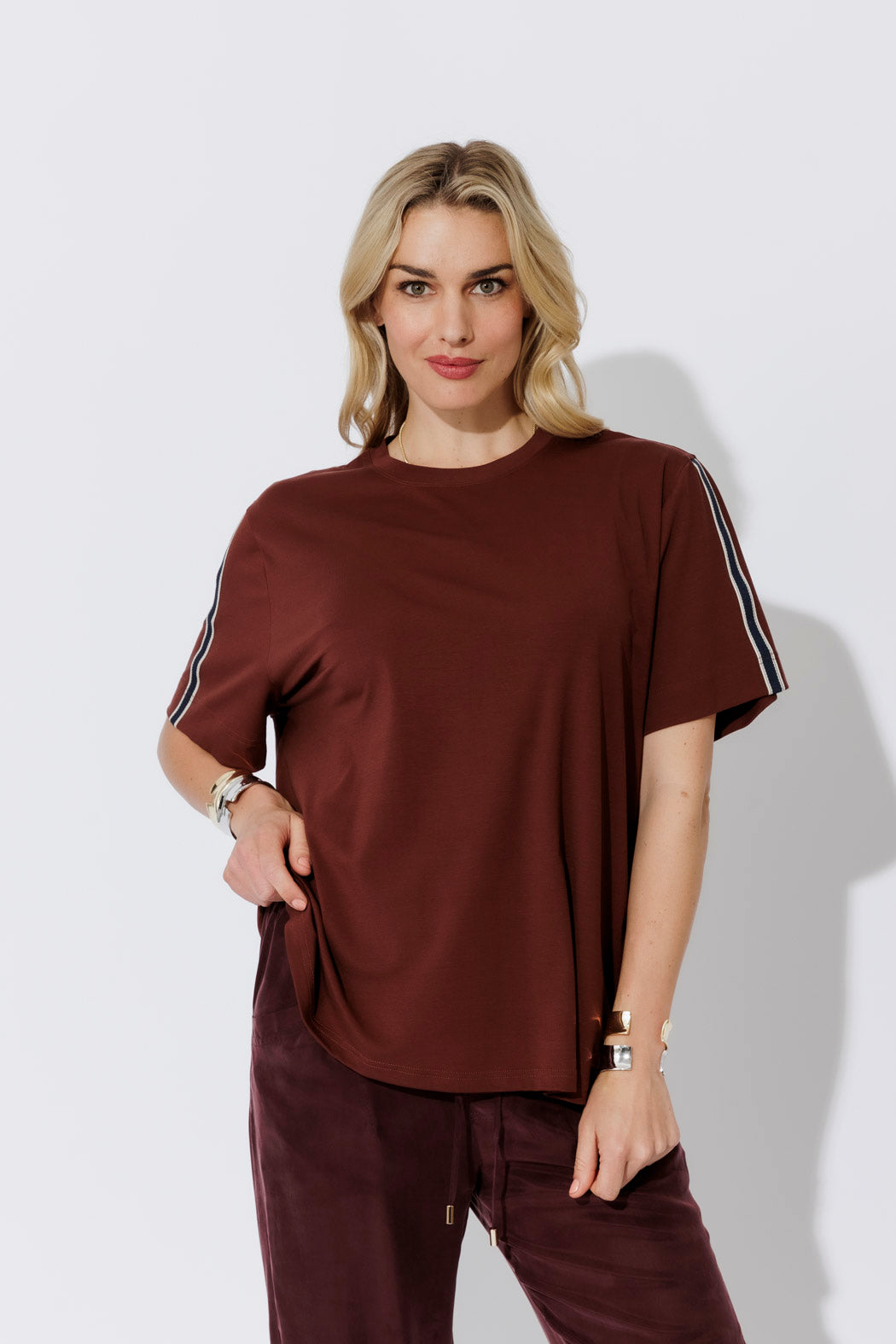 Plum Oversized Stripe Sleeve T-Shirt