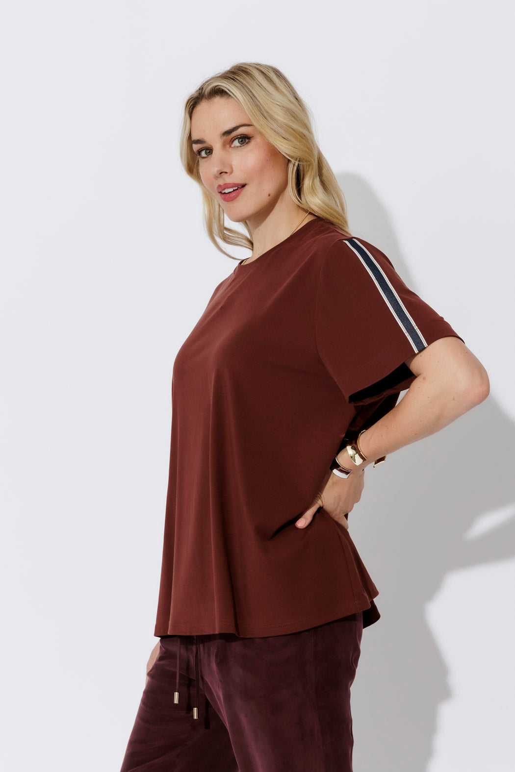 Plum Oversized Stripe Sleeve T-Shirt
