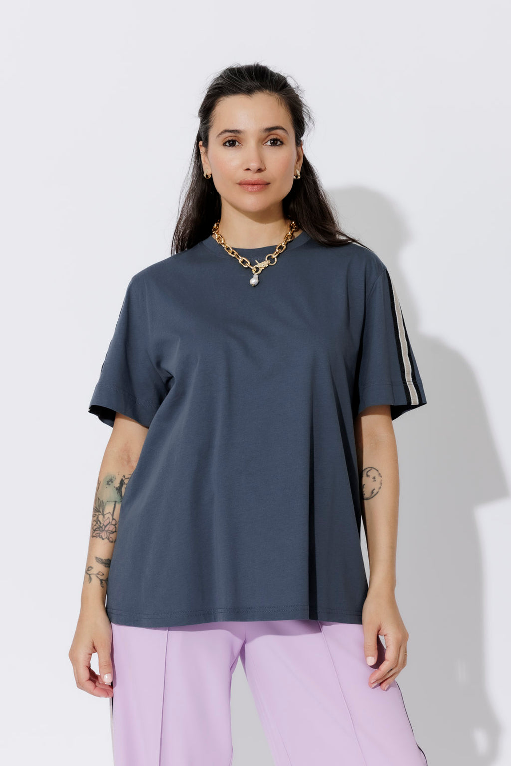 Navy Oversized Stripe Sleeve T-Shirt