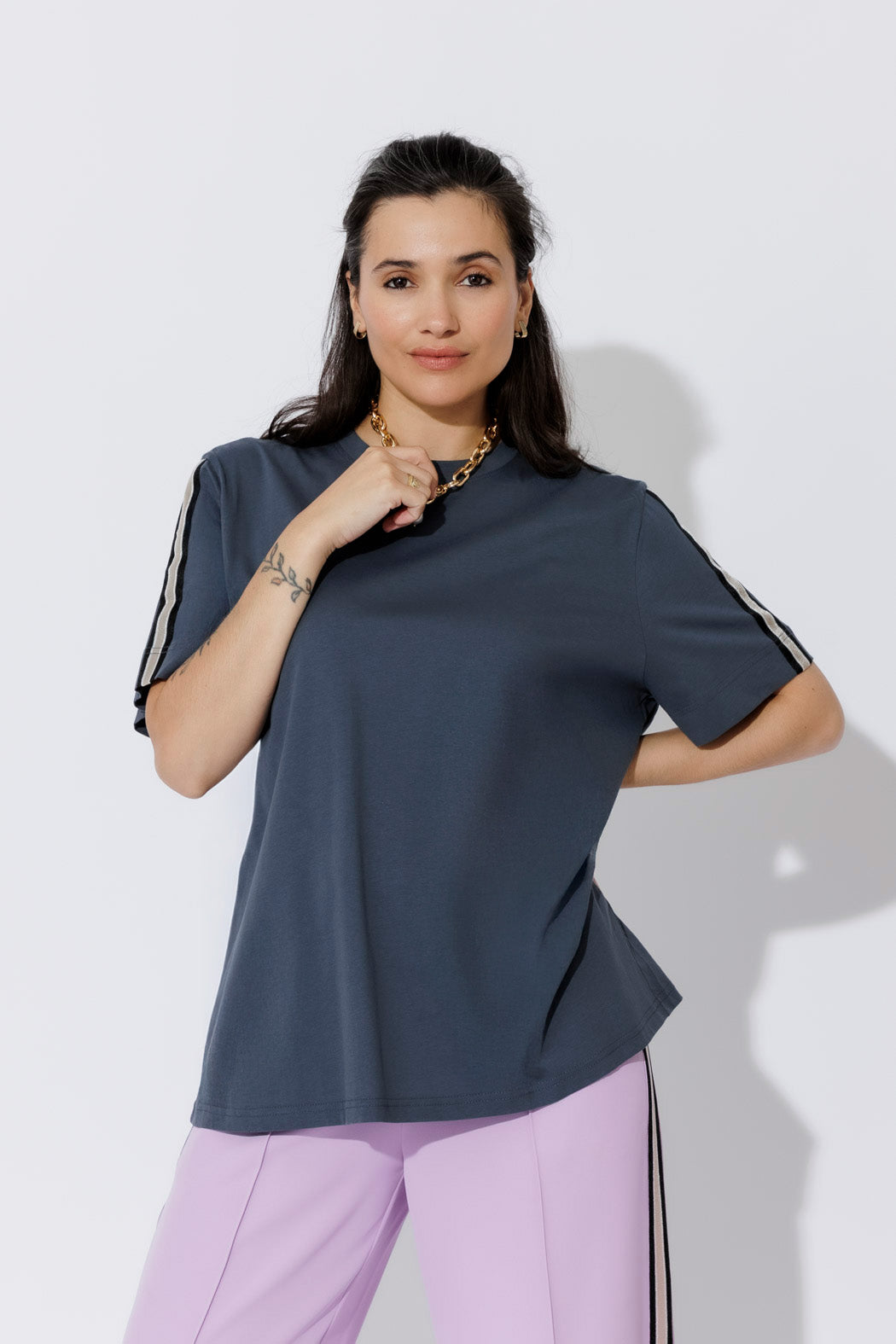 Navy Oversized Stripe Sleeve T-Shirt