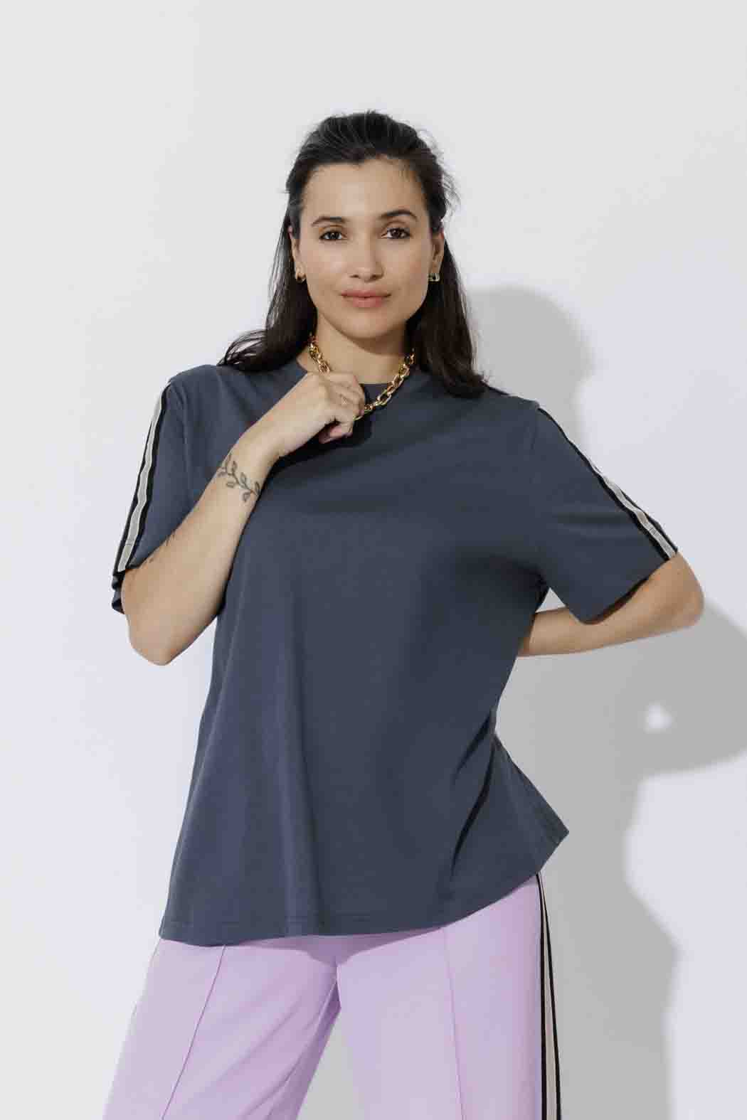 Navy Oversized Stripe Sleeve T-Shirt
