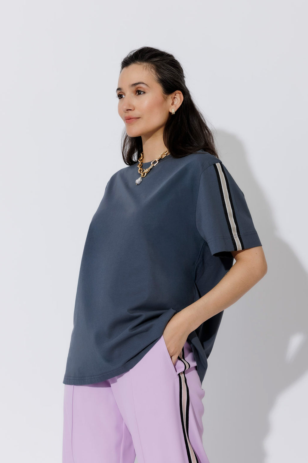 Navy Oversized Stripe Sleeve T-Shirt