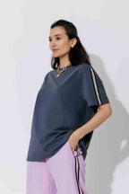 Navy Oversized Stripe Sleeve T-Shirt