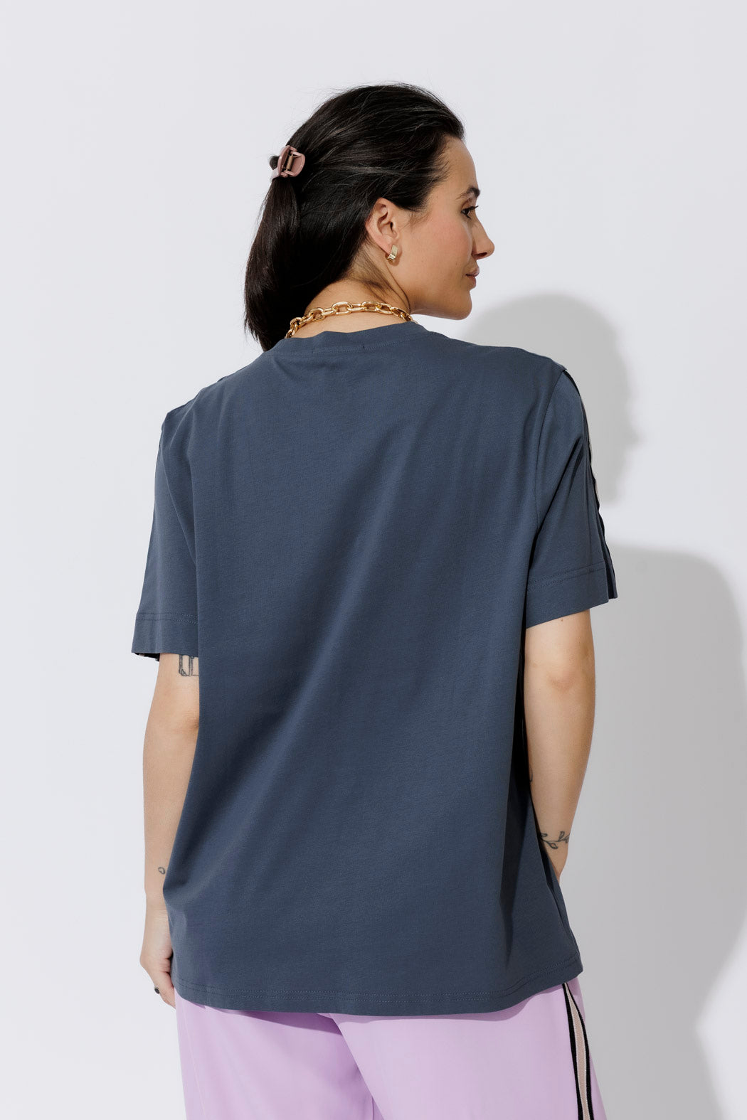 Navy Oversized Stripe Sleeve T-Shirt