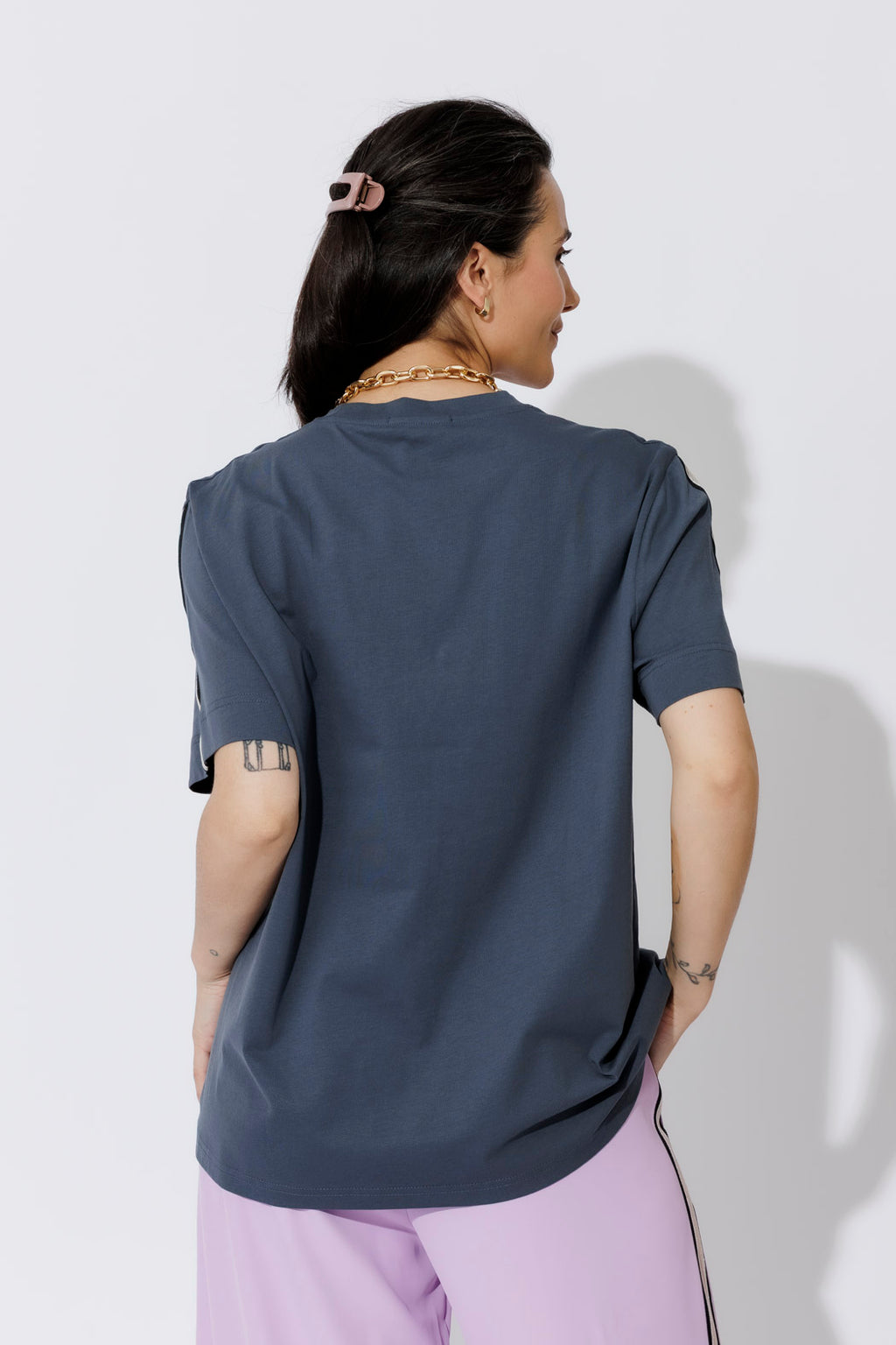 Navy Oversized Stripe Sleeve T-Shirt