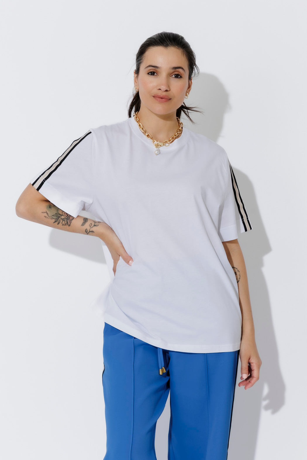 White Oversized Stripe Sleeve T-Shirt