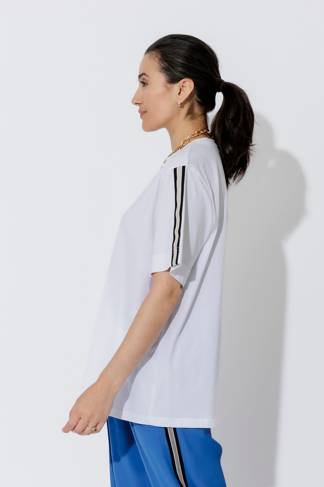 White Oversized Stripe Sleeve T-Shirt