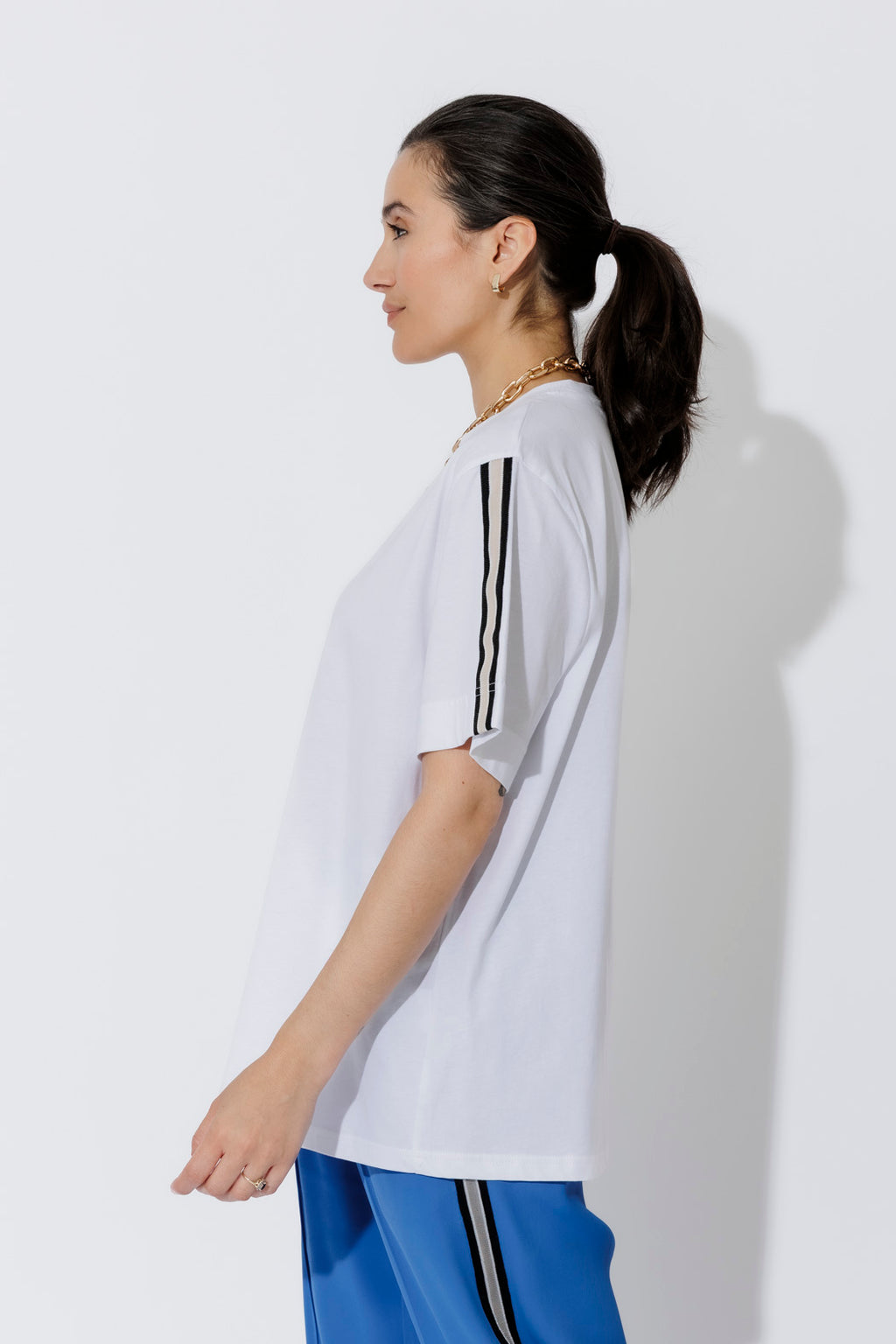 White Oversized Stripe Sleeve T-Shirt