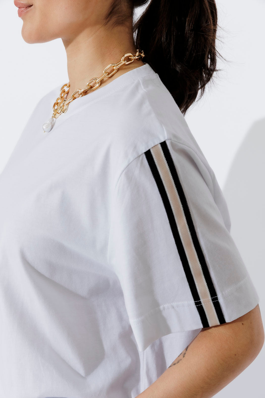 White Oversized Stripe Sleeve T-Shirt