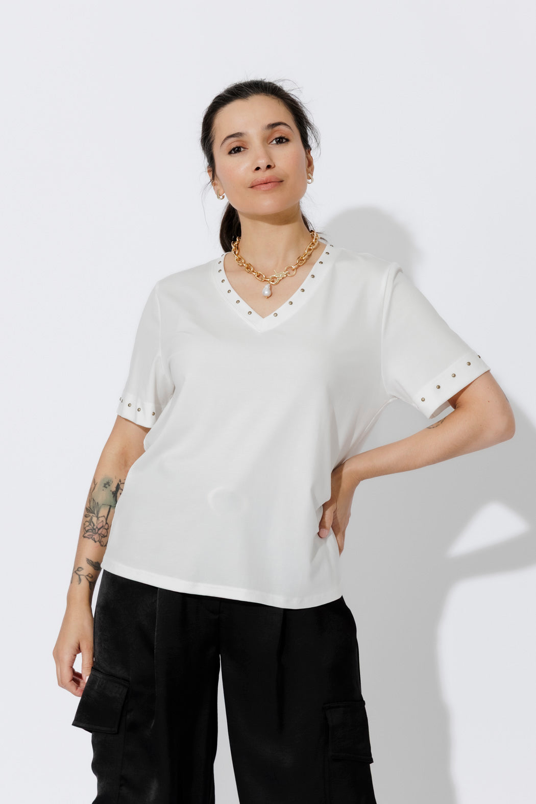 White Tencel V-Neck T-Shirt