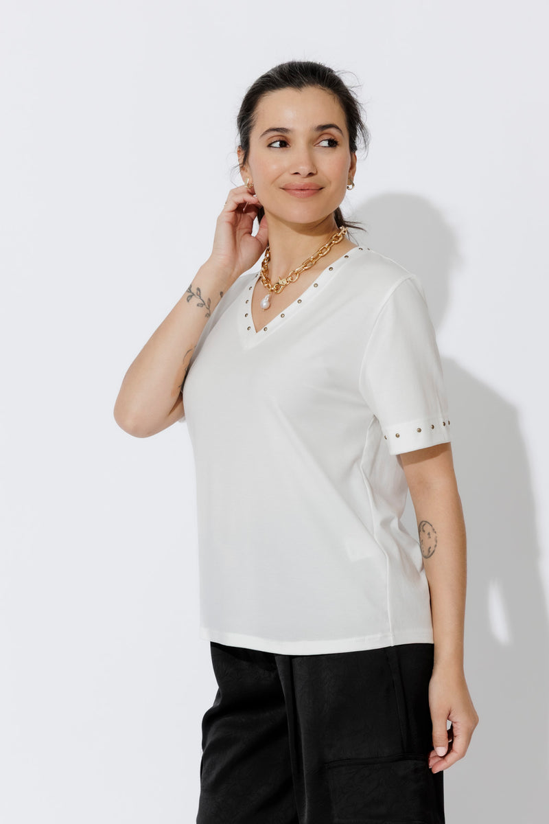 White Tencel V-Neck T-Shirt