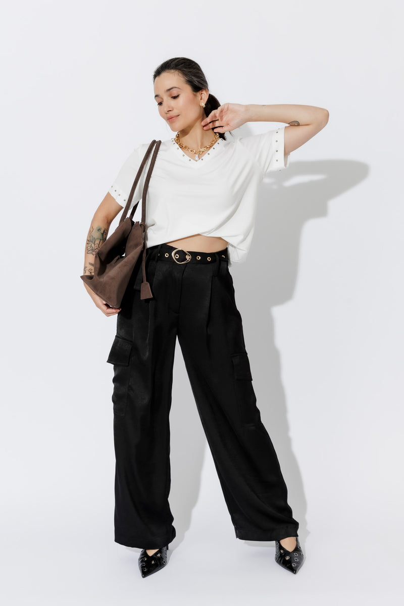 White Tencel V-Neck T-Shirt