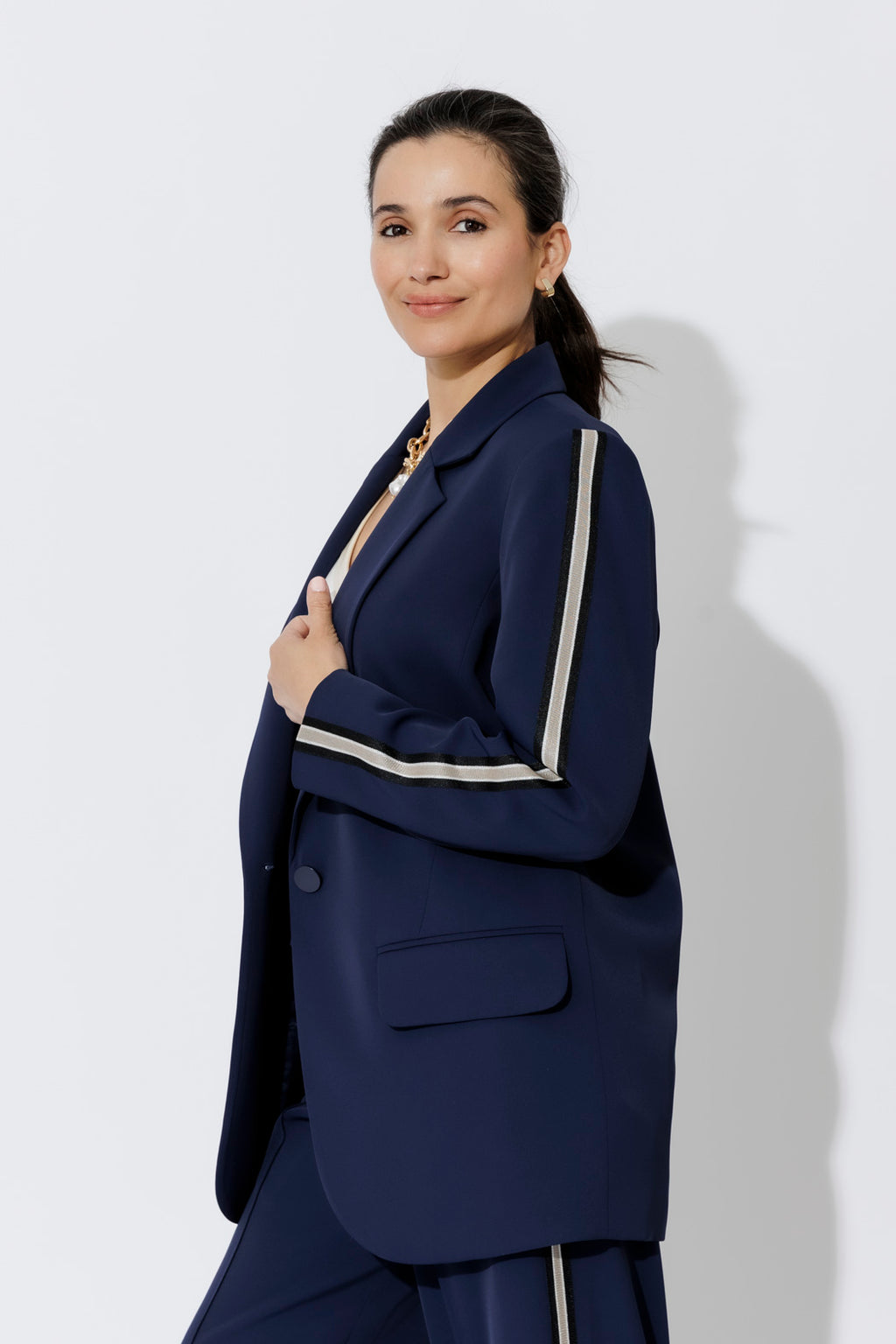 Navy Euro Stripe Boyfriend Blazer