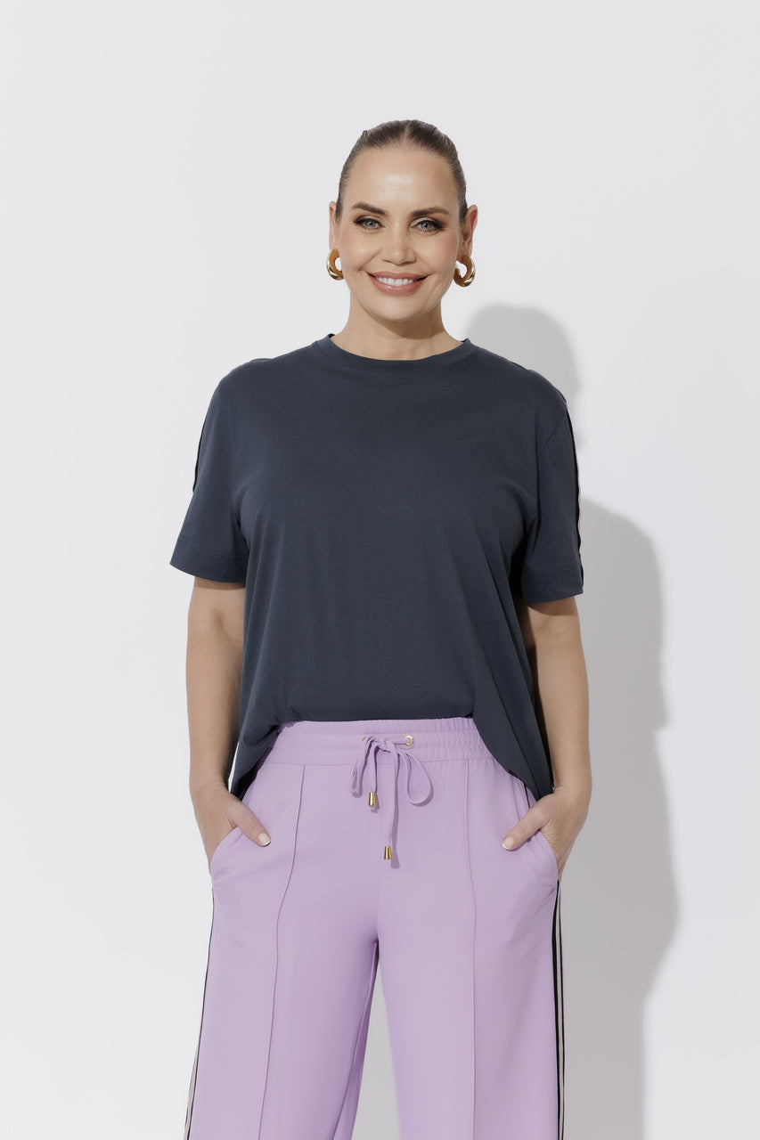 Navy Oversized Stripe Sleeve T-Shirt