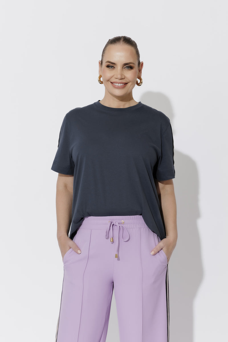 Navy Oversized Stripe Sleeve T-Shirt