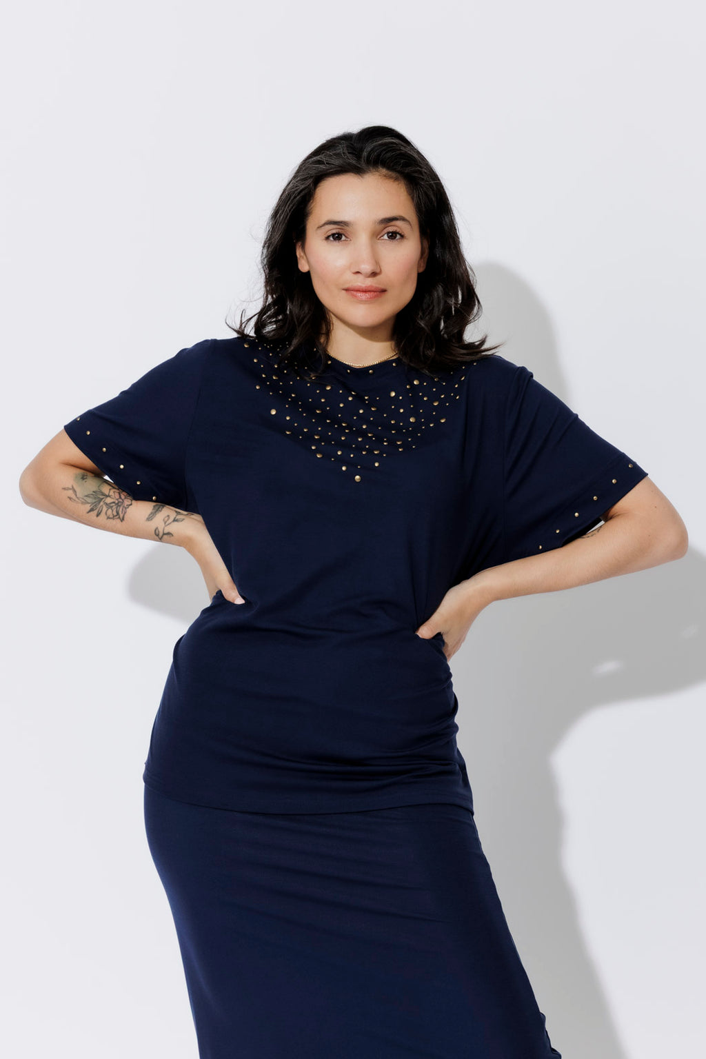 Navy Tencel Embellished T-Shirt