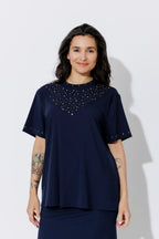 Navy Tencel Embellished T-Shirt