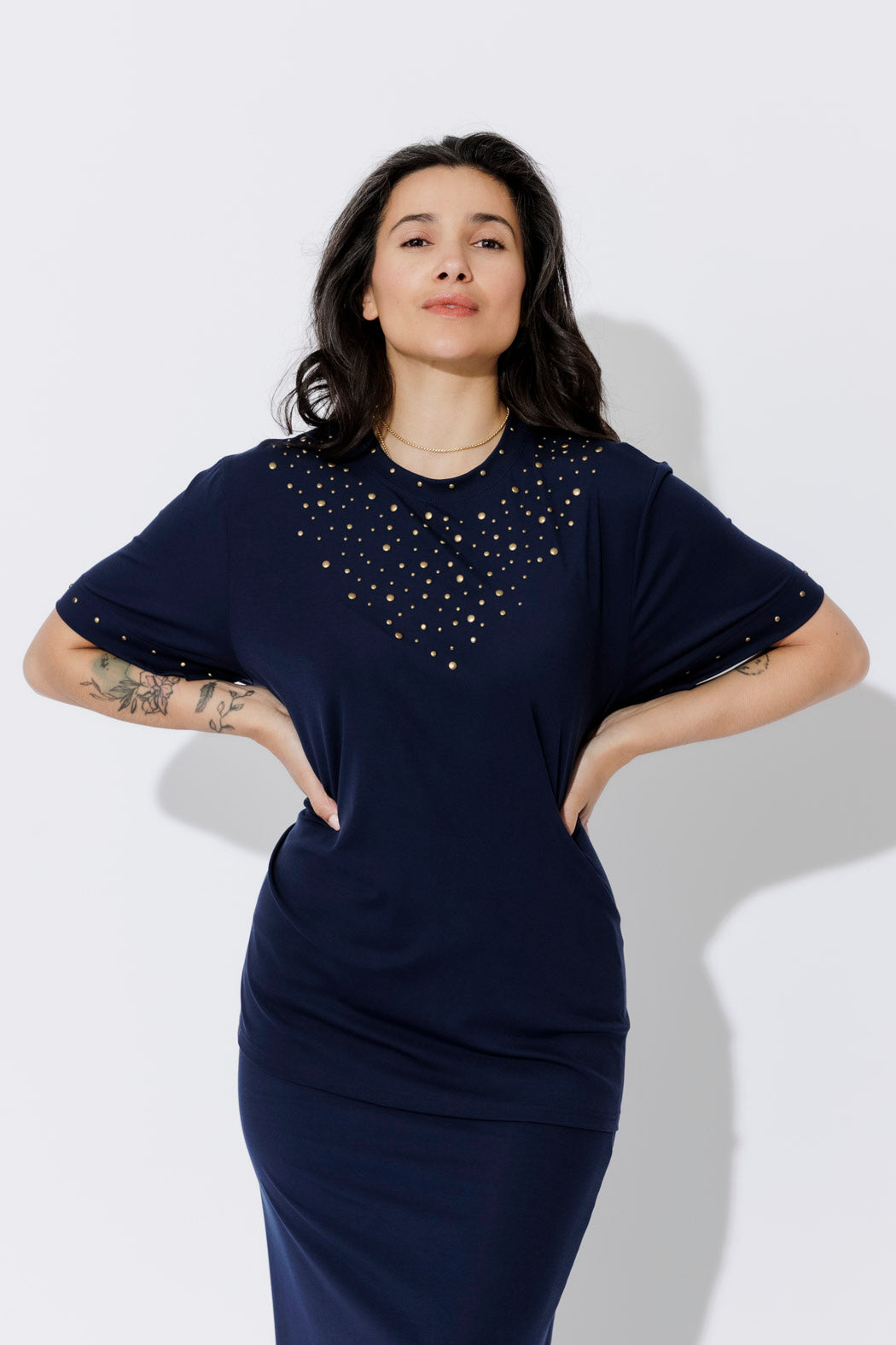 Navy Tencel Embellished T-Shirt