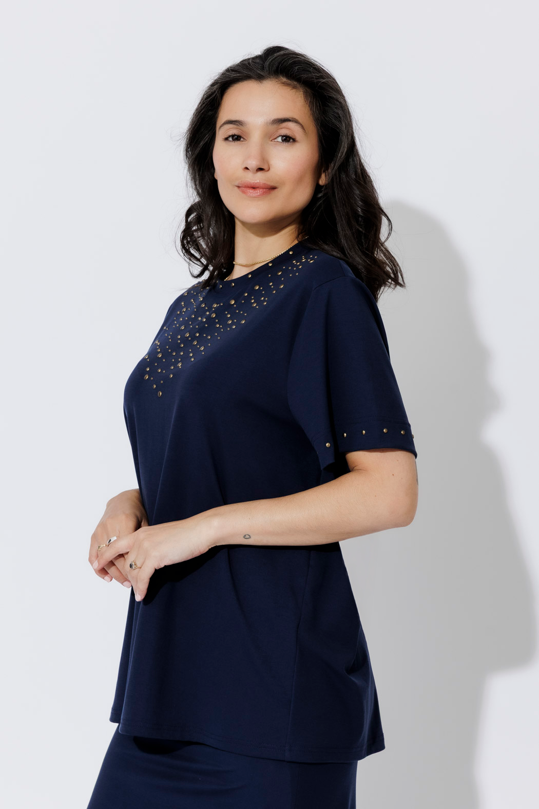 Navy Tencel Embellished T-Shirt