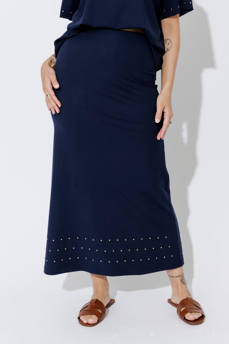 Navy Tencel Embellished Skirt