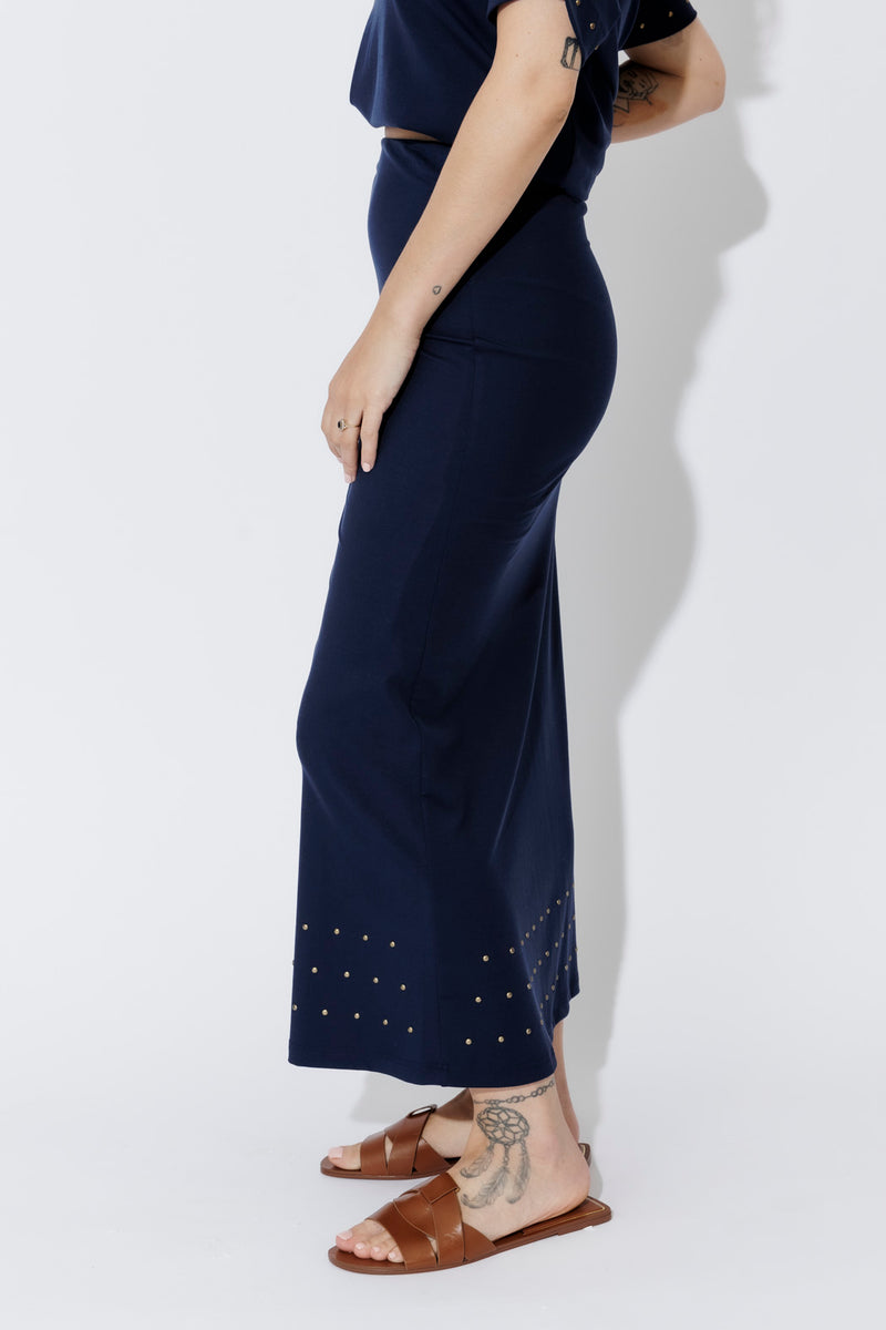 Navy Tencel Embellished Skirt