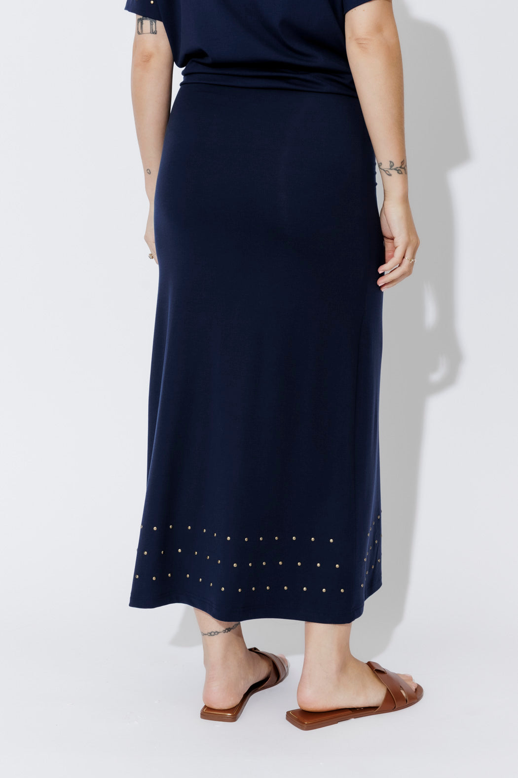 Navy Tencel Embellished Skirt