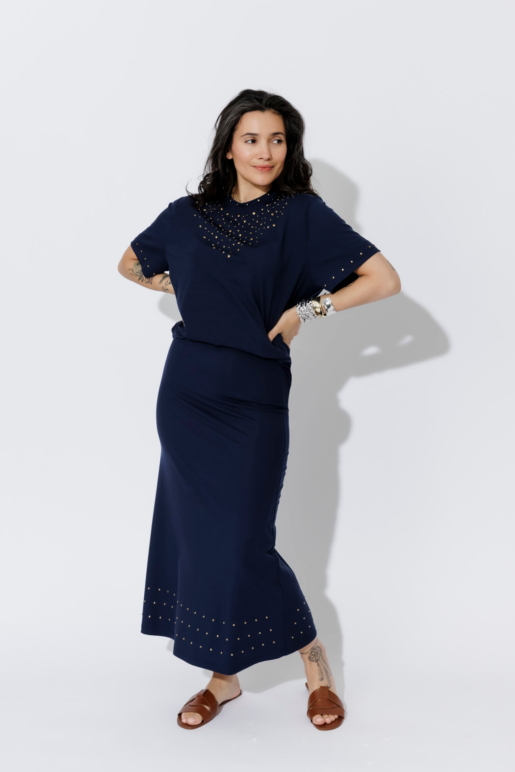 Navy Tencel Embellished Skirt