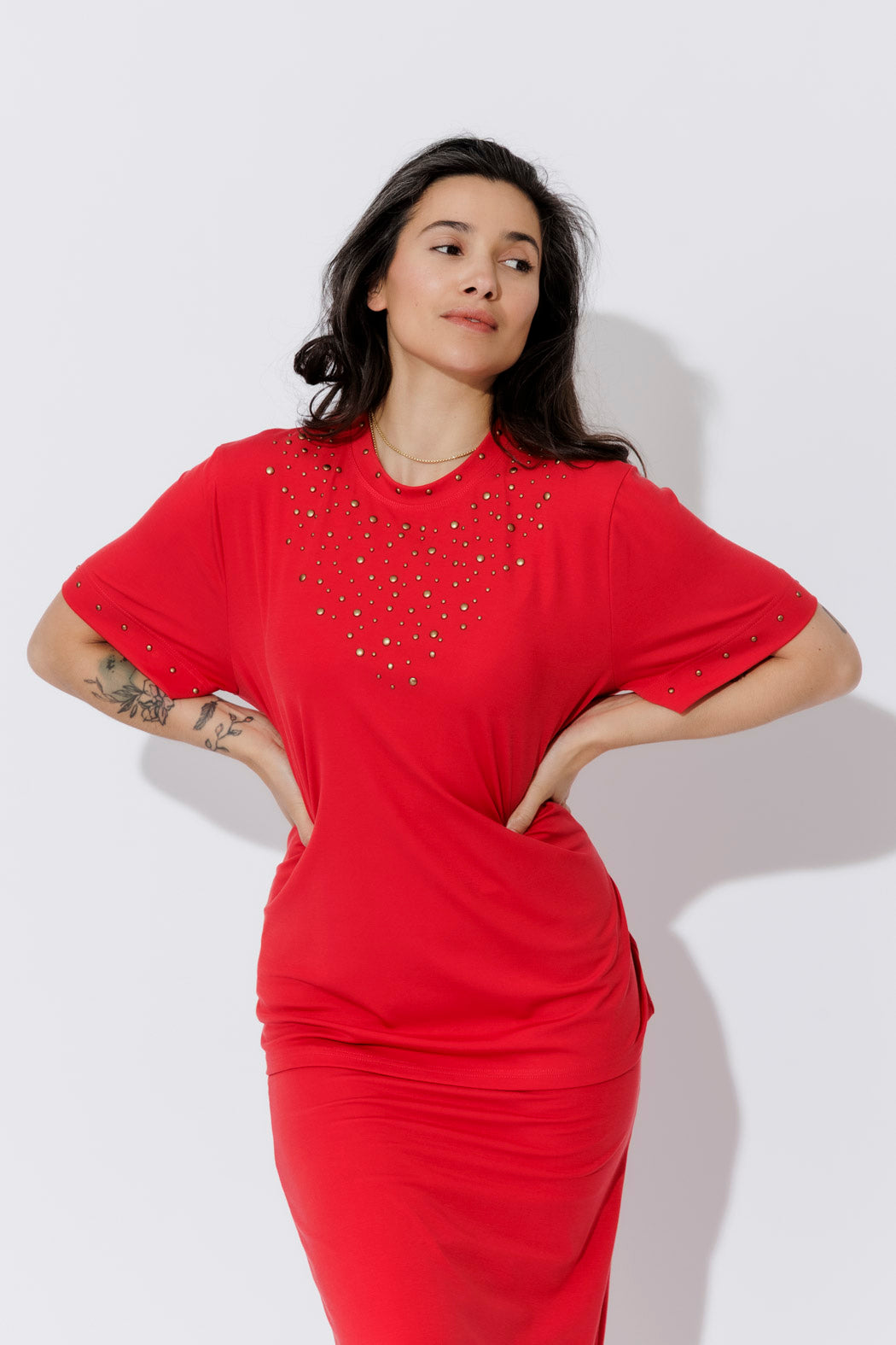 Red Tencel Embellished T-Shirt