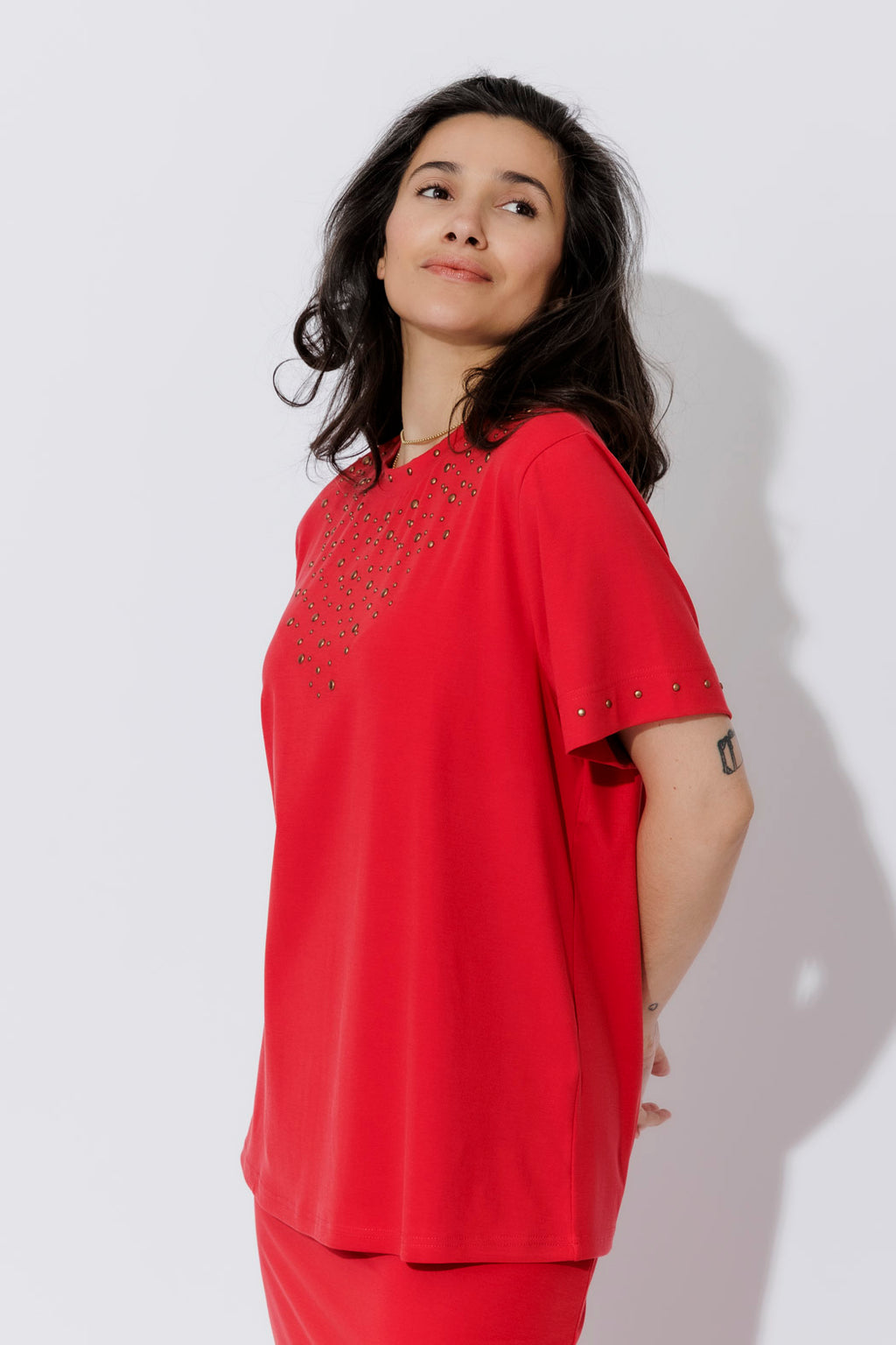 Red Tencel Embellished T-Shirt